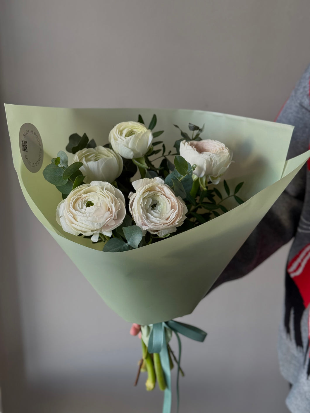 5 items of Hanoi ranunculus with eucalyptus 